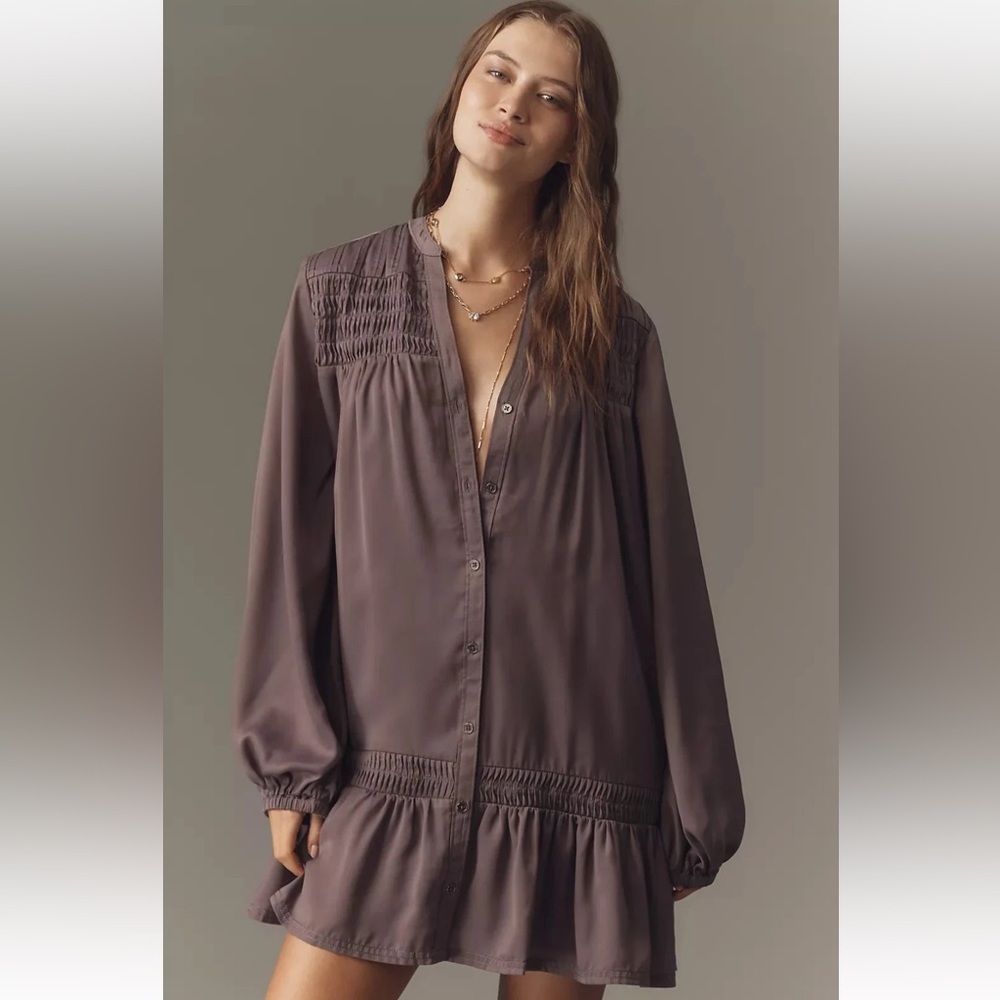 NWT Anthropologie Pilcro Long-Sleeve V-Neck Mini Shirt Dress M Purple